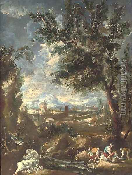 A wooded river landscape with a washerwoman and her two helpers, a monk praying in the foreground Oil Painting - Antonio Francesco Peruzzini