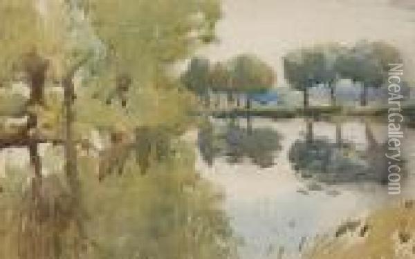 Lake And Trees With Reflections, Probably Dedham Vale Oil Painting - James Paterson