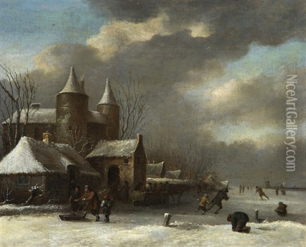 Winter Landscape With Skaters Oil Painting - Nicolaes Molenaer