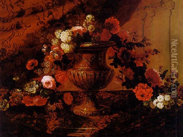 Still Life Of A Garland Of Flowers Draped Over A Sculpted Urn Oil Painting - Pierre Nicolas Huilliot