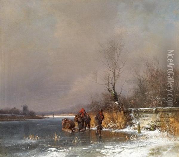 People On A Frozen Lake Oil Painting - Frederik Niels M. Rohde