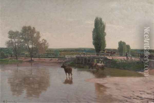 Kuhe In Der Prosna Oil Painting - Walery Brochocki