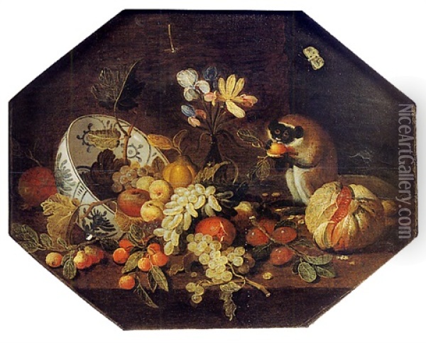 Nature Morte A La Coupe De Fruits Et Petit Singe Oil Painting - Jan van Kessel the Younger