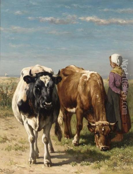 Herdess With Cattle In A Summer Landscape Oil Painting - Johannes-Hubertus-Leonardus de Haas