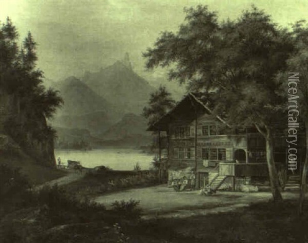 Alpenlandschaft Mit Einem Bauernhaus An Einem See Oil Painting - Johann Jakob Falkeisen