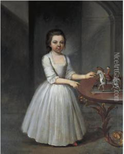 Portrait Of A Young Girl, 
Wearing A Grey Satin Dress, Standing By An Elaborate Roccoco Table With A
 Toy Soldier And Model Horses Oil Painting - Thomas Frye