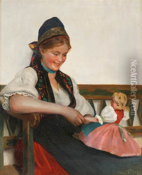 Junges Madchen In Tracht Mit Kleiner Puppe Oil Painting - Emil Pap