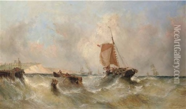 Hauling In The Catch In A Heavy Swell Off Dover, With Busy Channel Traffic Beyond Oil Painting - William Callcott Knell