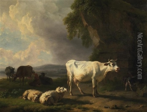 Am Abend, Bauerin Mit Ihren Tieren Vor Idyllischer Seenlandschaft Oil Painting - Balthasar Paul Ommeganck