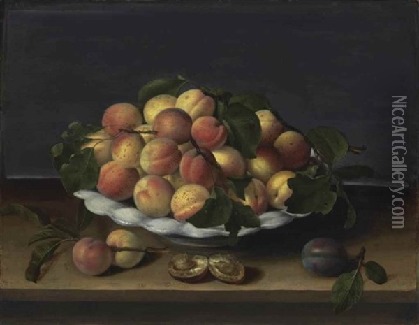 Apricots In A Ceramic Bowl, With Plums On A Stone Ledge Oil Painting - Louise Moillon