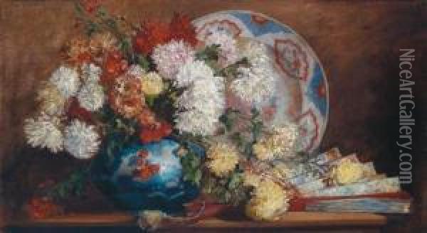 Bouquet Of Flowers With Asian Plate And Fans Oil Painting - Hugo Charlemont
