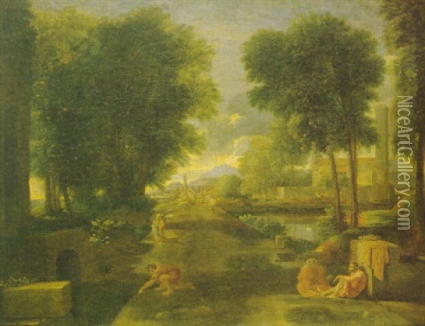 Figures Resting In An Italianate Classical Landscape Oil Painting - Nicolas Poussin