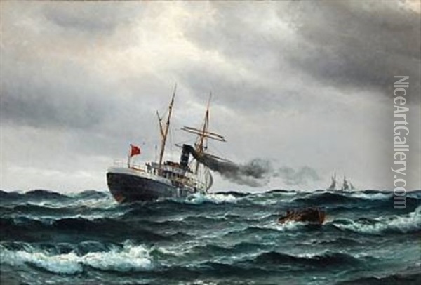 Seascape With A Streamer In High Waves Oil Painting - Vilhelm Victor Bille