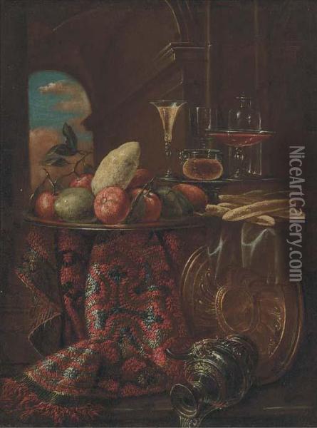 Oranges, Limes, And A Lemon On A
 Dish, Bread Rolls, And Glasses Ona Partly-draped Table With A Ewer And 
Platter Oil Painting - Christian Berentz