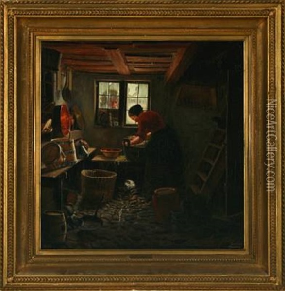 Kitchen Interior With Man Watching The Girl Through The Window Oil Painting - Brigitte Levison