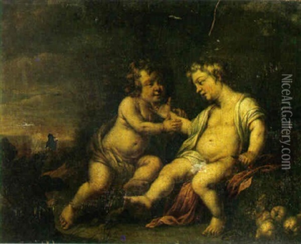 Two Putti In A Landscape With Fruit Oil Painting - Francesco Albani