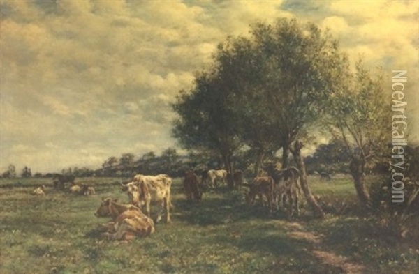 Cattle Amongst Willow Trees In A Meadow Oil Painting - Mark William Fisher