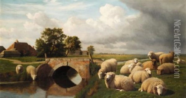 Sheep By A River Oil Painting - William Sidney Cooper