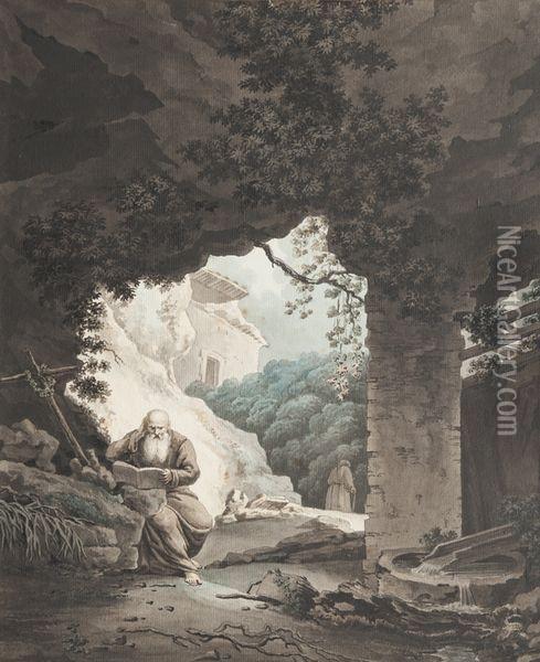 Moine Meditant Dans Une Grotte Oil Painting - Jean Antoine Constantin D'Aix