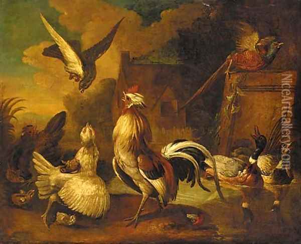 A hawk attacking a cockerel, with chickens Oil Painting - Francis Barlow
