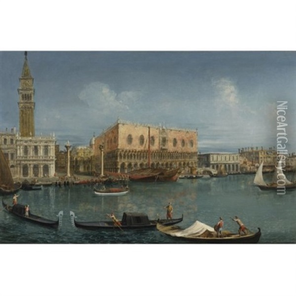 The Molo, Venice, From The Bacino Di San Marco, With The Fusta, Gondolas And Barges Oil Painting - Michele Marieschi