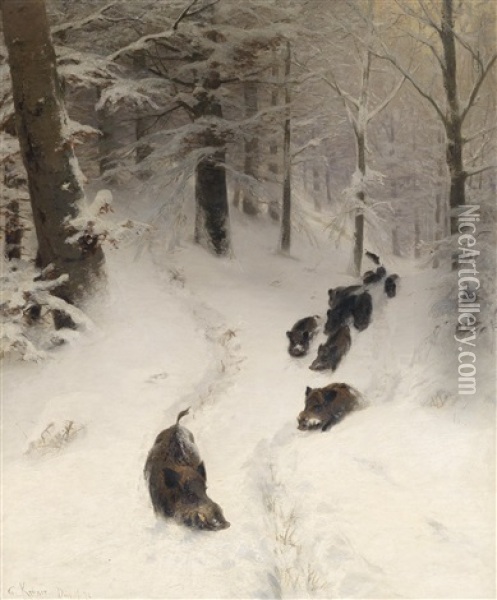 Wildschweinrotte Im Winterwald Oil Painting - Christian (Johann Christian) Kroener