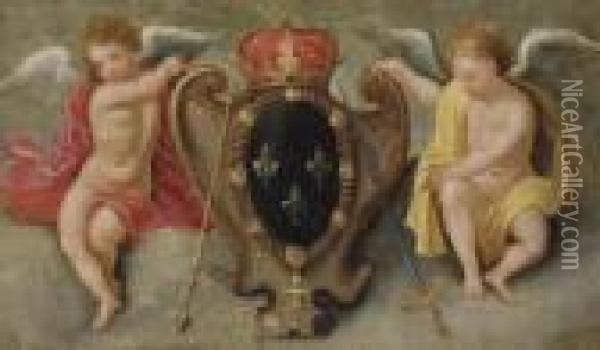 Two Putti Carrying The Royal Coat-of-arms Of France Oil Painting - Cornelis de Baellieur