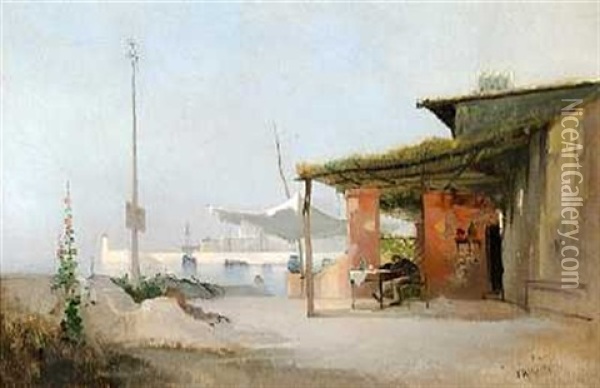 Taverne Ved Middelhavet. Til Venstre Blomstrende Stokroser Oil Painting - Jean d' Alheim