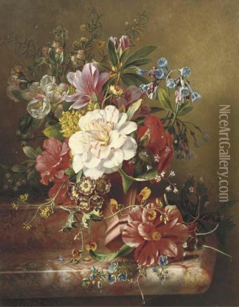A Colourful Bouquet On A Ledge Oil Painting - Dirk Jan Hendrik Joostens