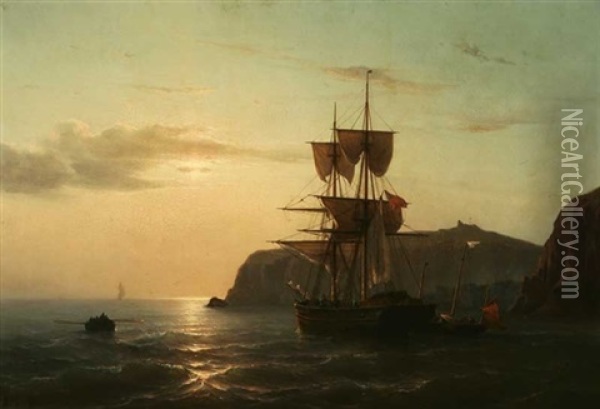 Ship And Long Boat Near A Harbor Entrance With Pilot Boat Astern Oil Painting - Mauritz Frederick Hendrick de Haas