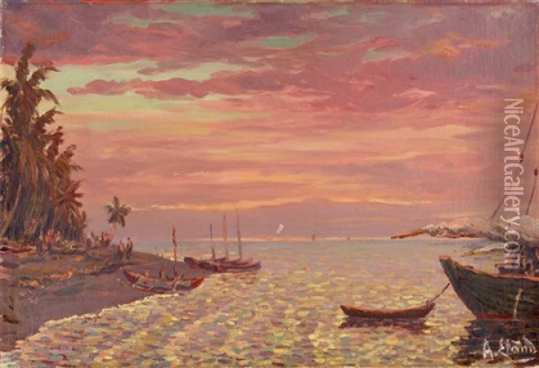 Tropisch Strand Bij Avondrood (tropical Beach At Sunset) Oil Painting - Cornelis Robrecht Arthur (A.) Eland