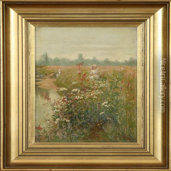 Two Young Girls Picking Wild Flowers Oil Painting - Herbert Dalziel