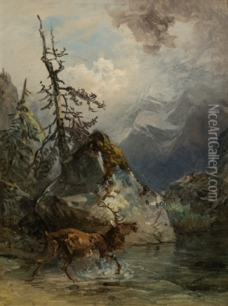 Deer On The Bank Of A Mountain Lake Oil Painting - Friedrich Gauermann