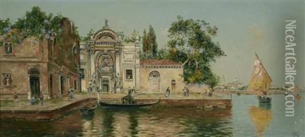 A Quiet Venetian Canal Oil Painting - Antonio Maria de Reyna Manescau