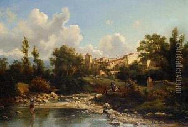 Figures By A River With A Village Beyond Oil Painting - Giuseppe Viscardi