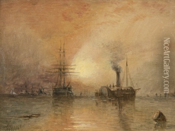 Ships In Harbor At Sunset Oil Painting - Claude T. Stanfield Moore