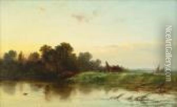 A Figure And Horses Walking Beside A River Oil Painting - George Augustus Williams