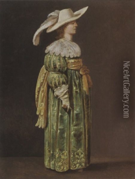 A Portrait Of A Lady, Wearing A Green Sating Dress With Lace Cuffs And Collar, A Yellow Sash, White Gloves, And A White Hat Oil Painting - Pieter Jansz Quast