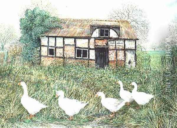 Geese Before a Timbered Cottage Oil Painting - Alexander Williams