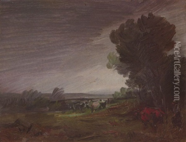Regenlandschaft Mit Baumen Und Kuhen Oil Painting - Wilhelm Busch