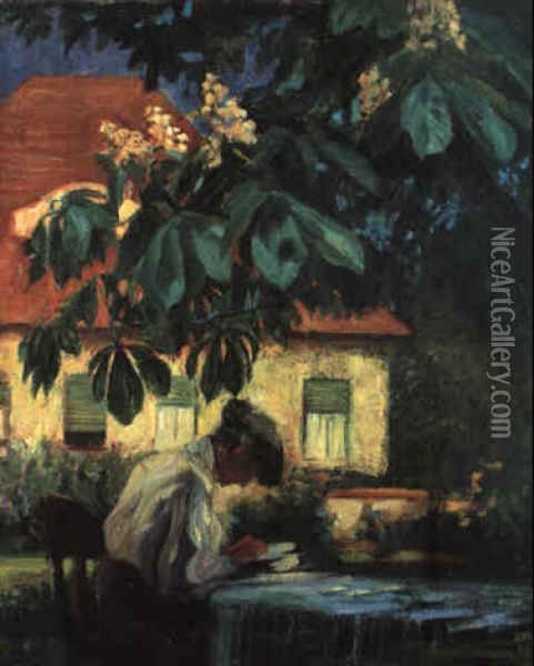 Stickende Frau Im Garten Unter Bluhenden Kastanien Oil Painting - August Macke