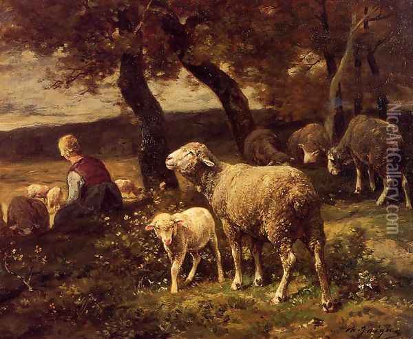 Shepherdess and Sheep Oil Painting - Charles Emile Jacque