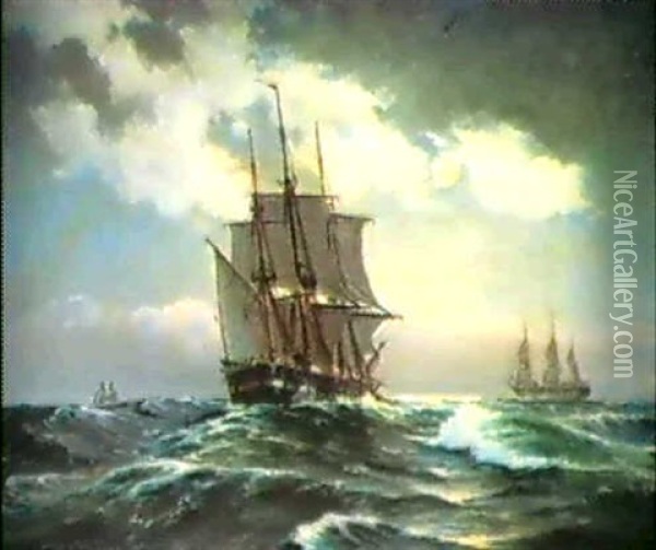 Marine Med Sejlskibe, Aftenstemning Oil Painting - Carl Ludvig Thilson Locher