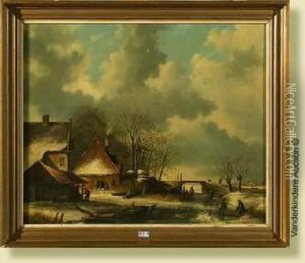 Paysage Enneige Aux Patineurs Oil Painting - Herman Wolbers