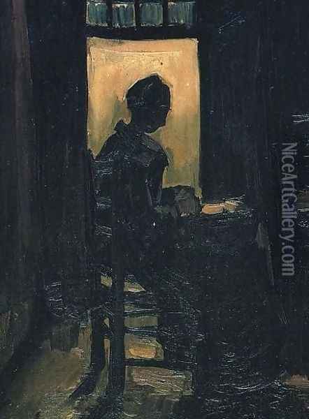 Peasant Woman Seated Before An Open Door Peeling Potatoes Oil Painting - Vincent Van Gogh