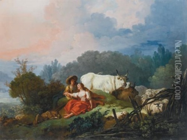 Pastoral Landscape With A Shepherd And Shepherdess At Rest Oil Painting - Jean-Honore Fragonard