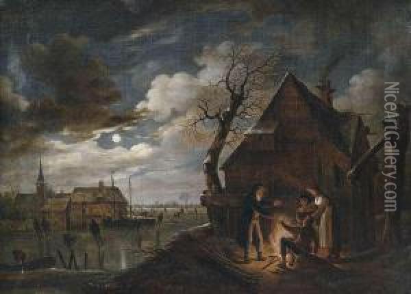 Dutch Canal Landscape At Moonlight With Skaters And A Bonfire Oil Painting - Aart Van Der Neer