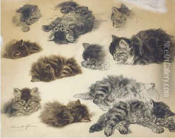 Playful poses Studies of kittens Oil Painting - Henriette Ronner-Knip