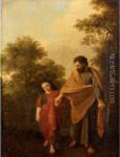 The Young Christ And Saint Joseph Walking In A Landscape Oil Painting - Jan van Haensbergen