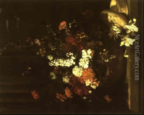 Still Life With Flowers In A Sculptured Urn On A Stone Ledge Oil Painting - Jean-Michel Picart